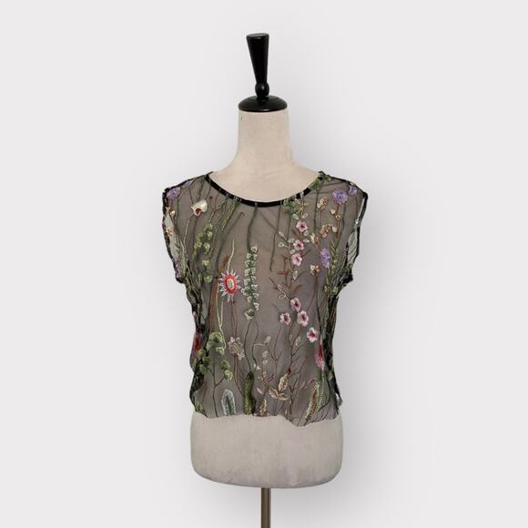 Runway Paris Floral Embroidery Mesh Top Black Size M - Picture 1 of 9